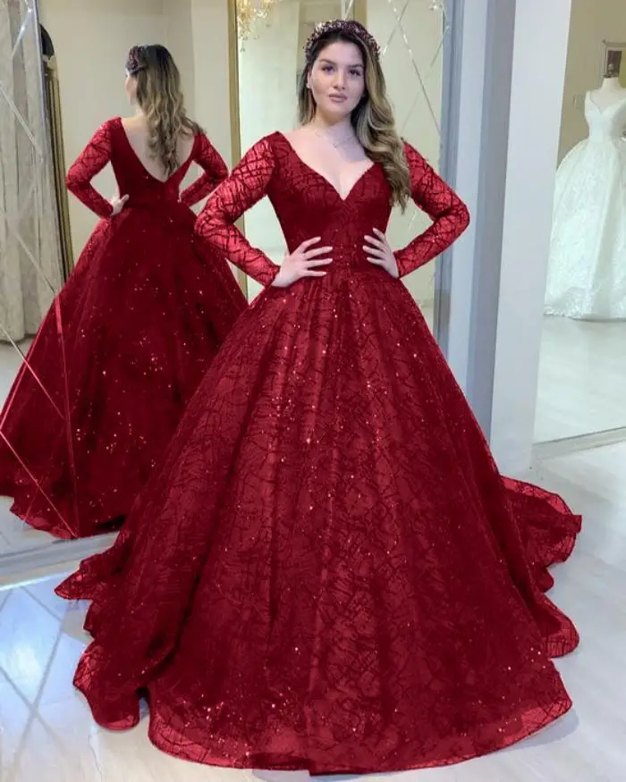 Sequins Wedding Engagement Party Dress Women Evening Dresses Gold Fashion  Elegant V Neck Long Sleeve Full Vintage Natural Adults