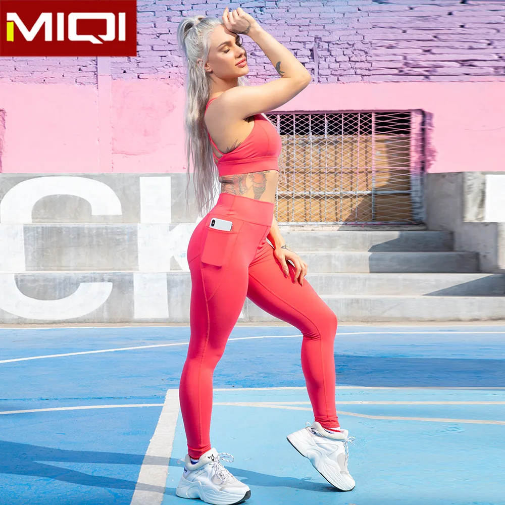 Wholesale Customized Two Piece Workout Fitness Leggings Sets Fashion Gym Yoga Set Pocket Sports