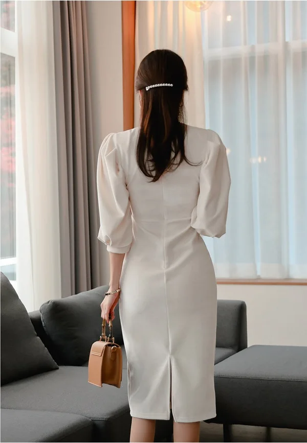 2021 Spring Korean New Ol Slim Dress Elegant Stand Collar