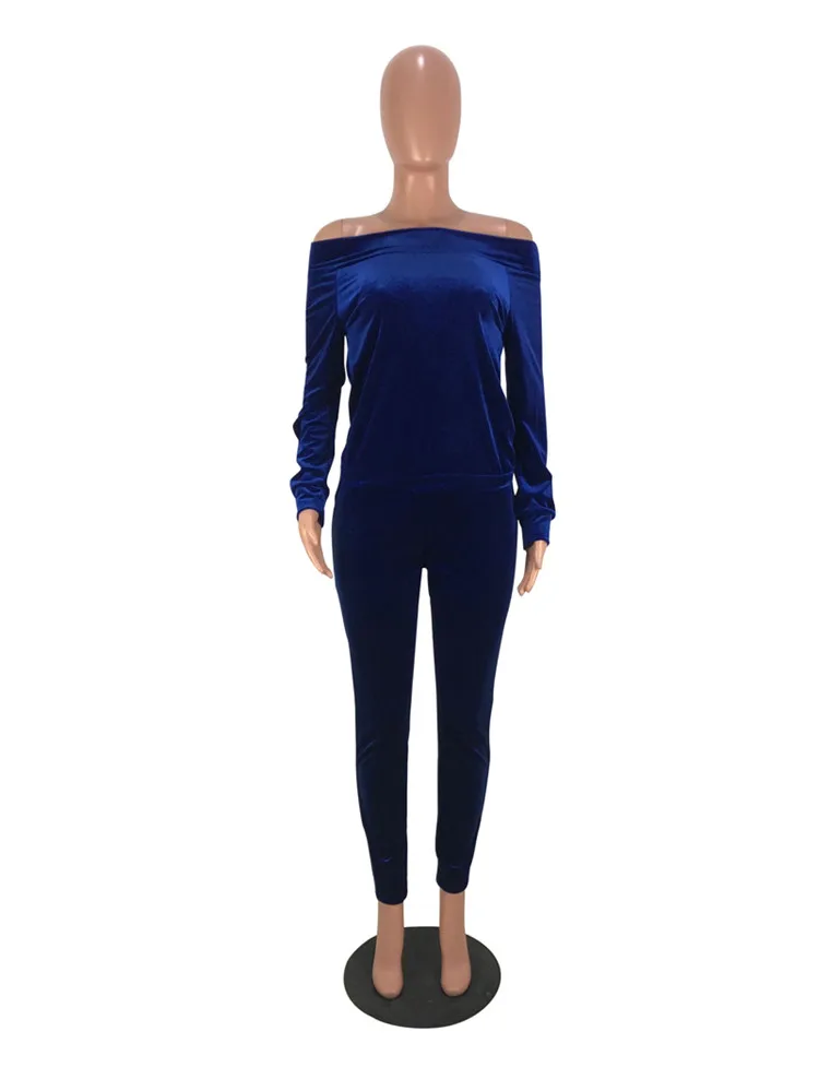 SAZH5055 off the shoulder hoodies and long trousers ladies two piece set women western velvet pant suit