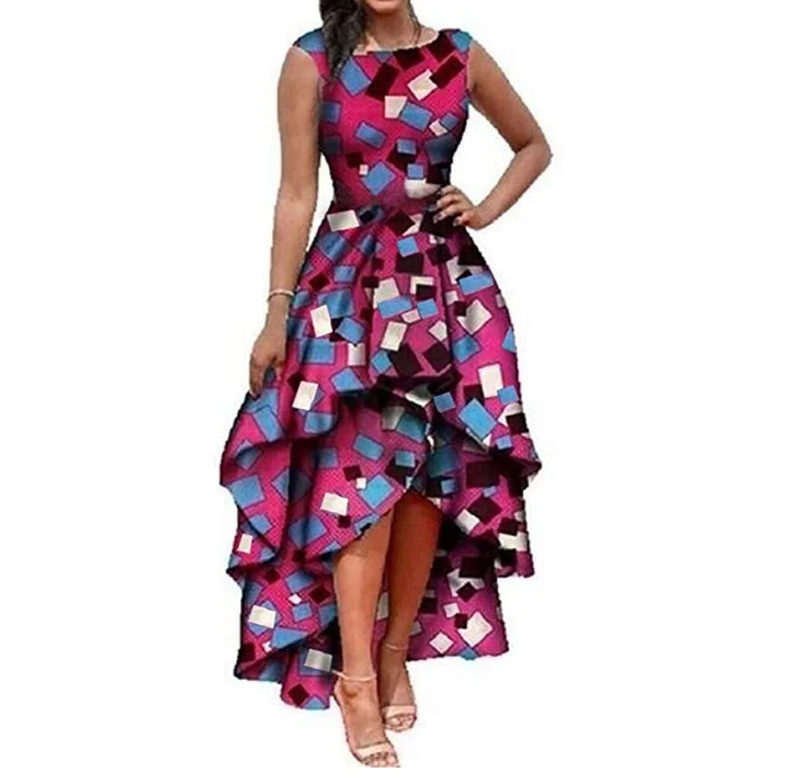 Summer Women's African Dress Prom Print Sleeveless Ruffled Slim Trumpet