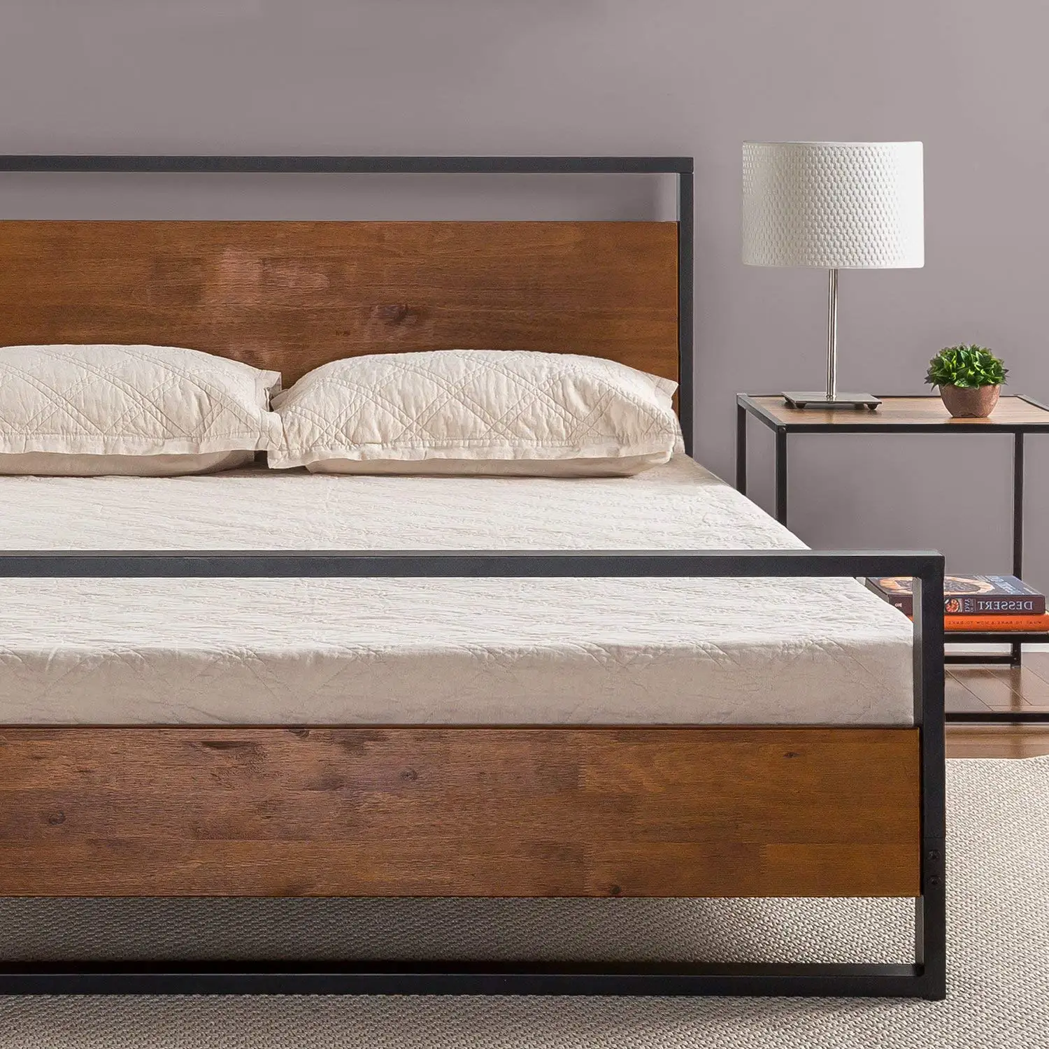 Full Size Metal Bed Frame With Wood Headboard Platform Bed Frame Strong