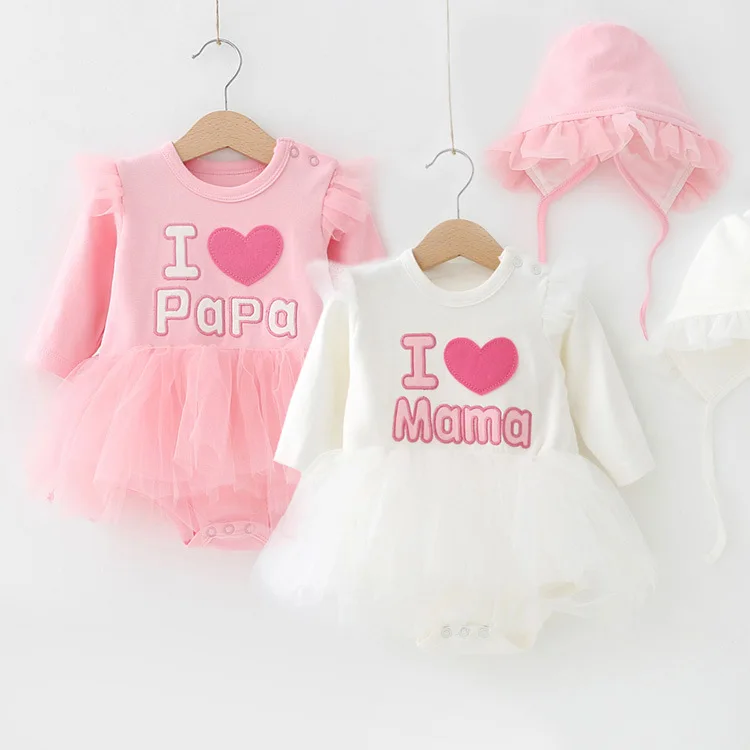 Newborn Baby Girl Romper With Tulle For Autumn Fashion Pink White I Love  Mama I Love Papa Cotton Bodysuit+ Hat Baptism Outfit - Buy Fashion Pink  White I Love Mama I Love