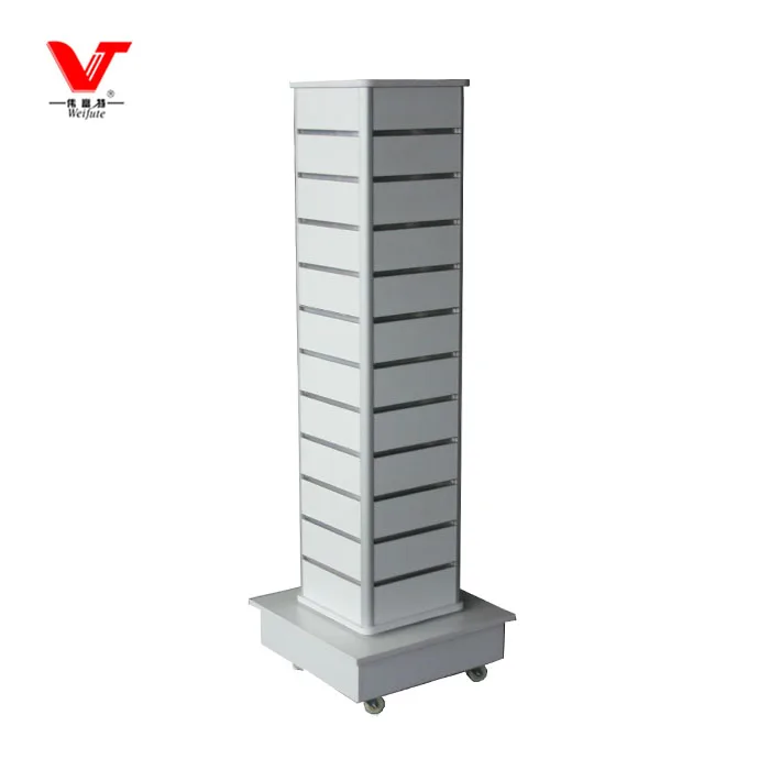 4 Way Slatwall Wooden Rotating Black Shoes Display Stand With Wheels