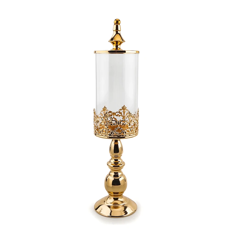 Retro Wedding Table Decoration Glass Candlestick Holders Tall Candle Stick Stand Gold Clear Glass Candle Holder with Lid