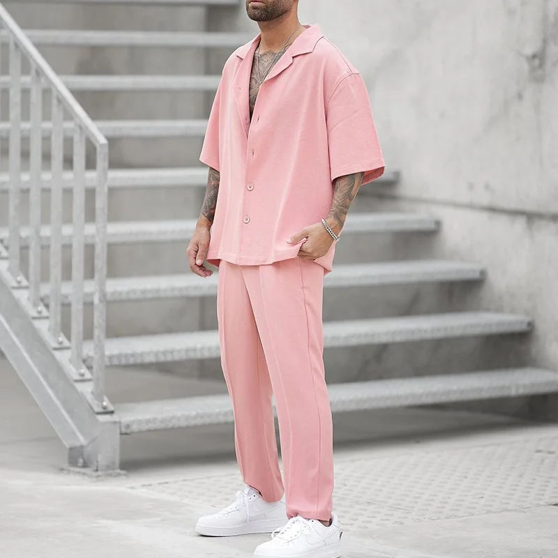 Ensemble deux pièces pour hommes, nouvelle tendance, respirant, imprimé, chemise et pantalon décontractés, couleurs unies, costume tissé, mode d'été