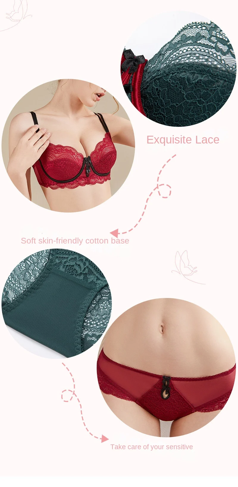 Benmingnian Red Lace Bra Thongs European American Sexy Ultra-Thin Underwear Adjustable Straps Pure Big Chest Showy Large Size