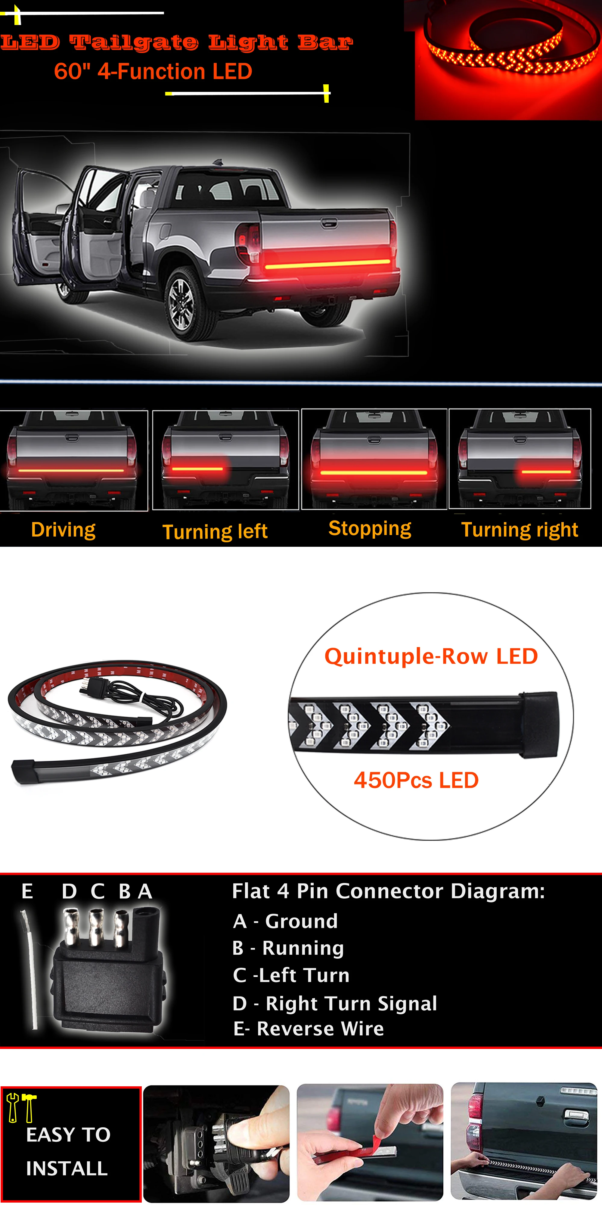 60 Inches Scanning Red/White Truck Tailgate Light Bar 450 Red and 135 White LED Tailgate Light Strip Running Turn Signal Brake