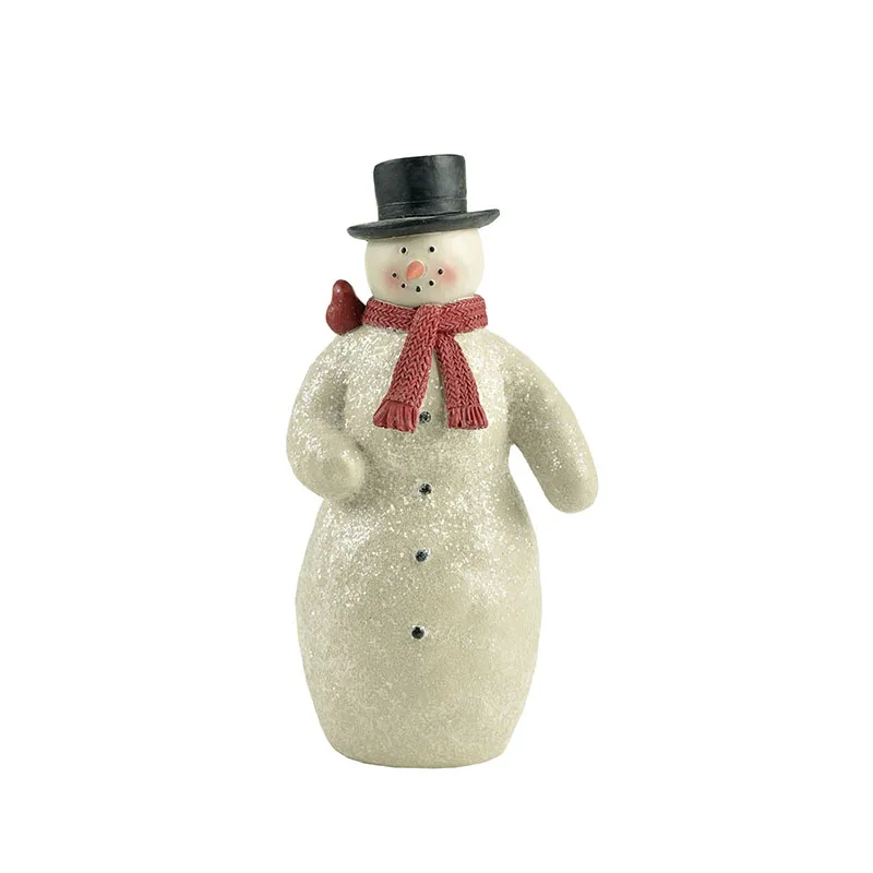 Black Top Hat Snowman With Bird On Shoulder Resin Snowman Figurine For Christmas