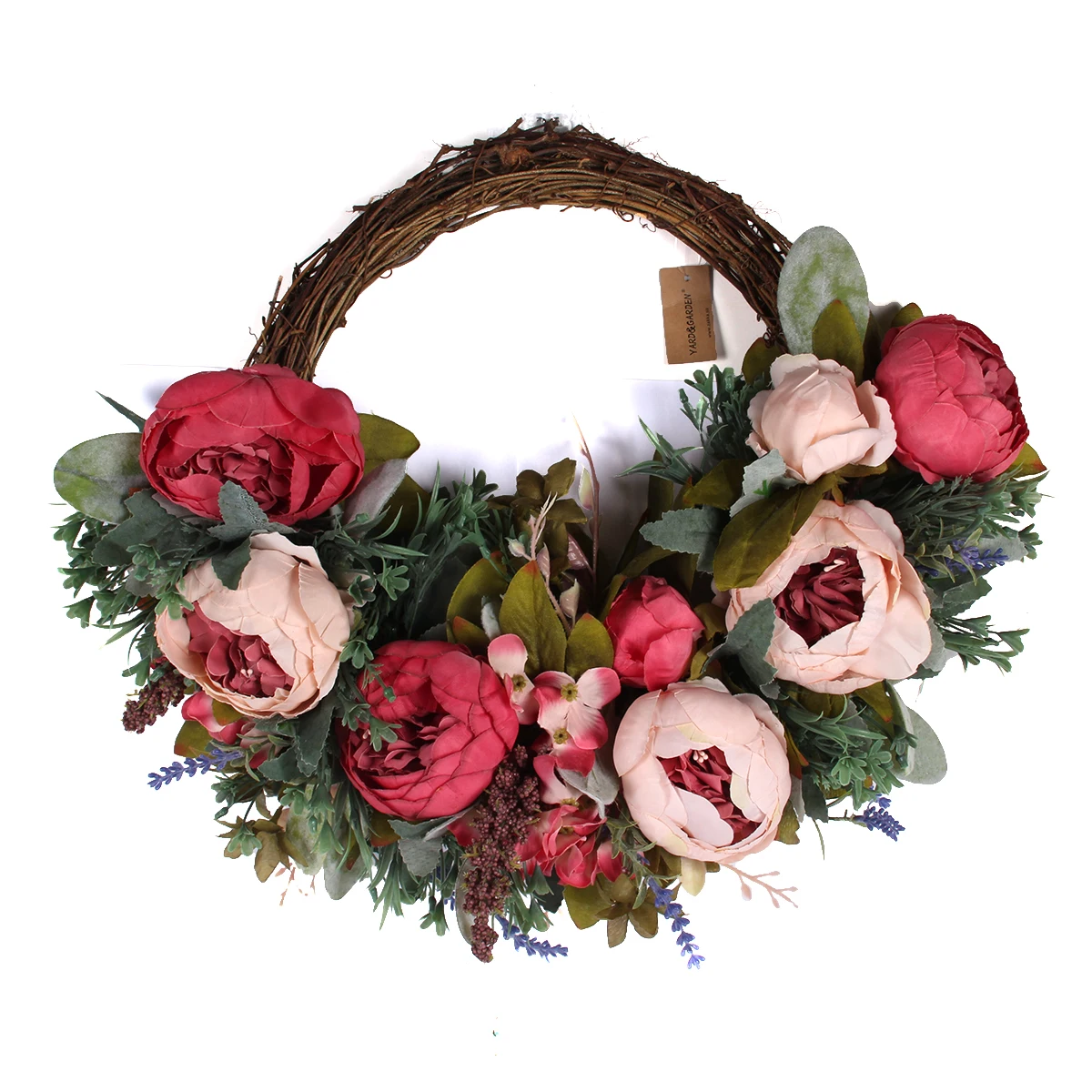 牡丹花花圈手工粉红色花环人造春天花环花圈前门墙婚礼派对家居装饰