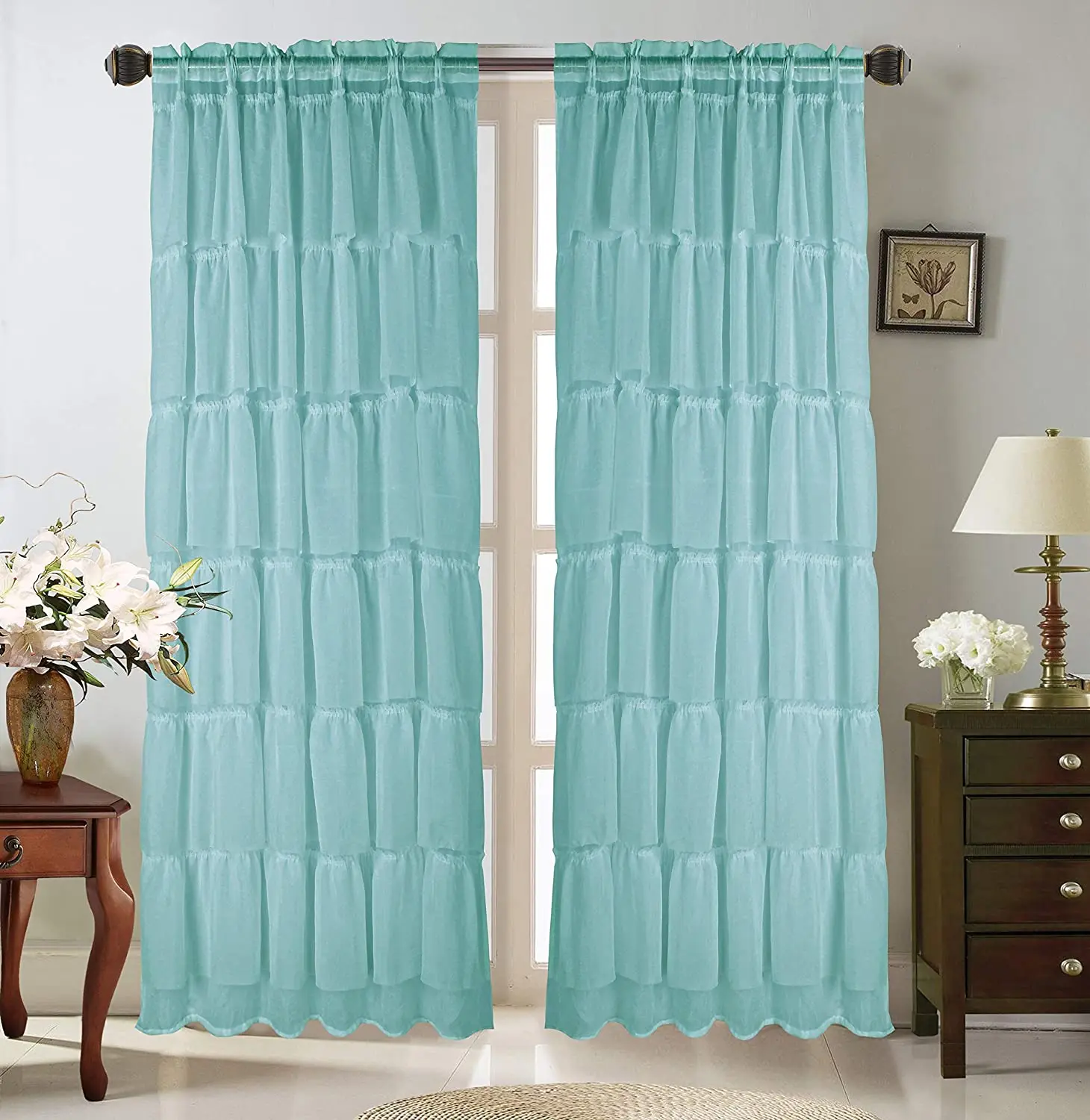 Ruffle Window Curtain Panels 84" Long Semisheer Voile Rod Pocket