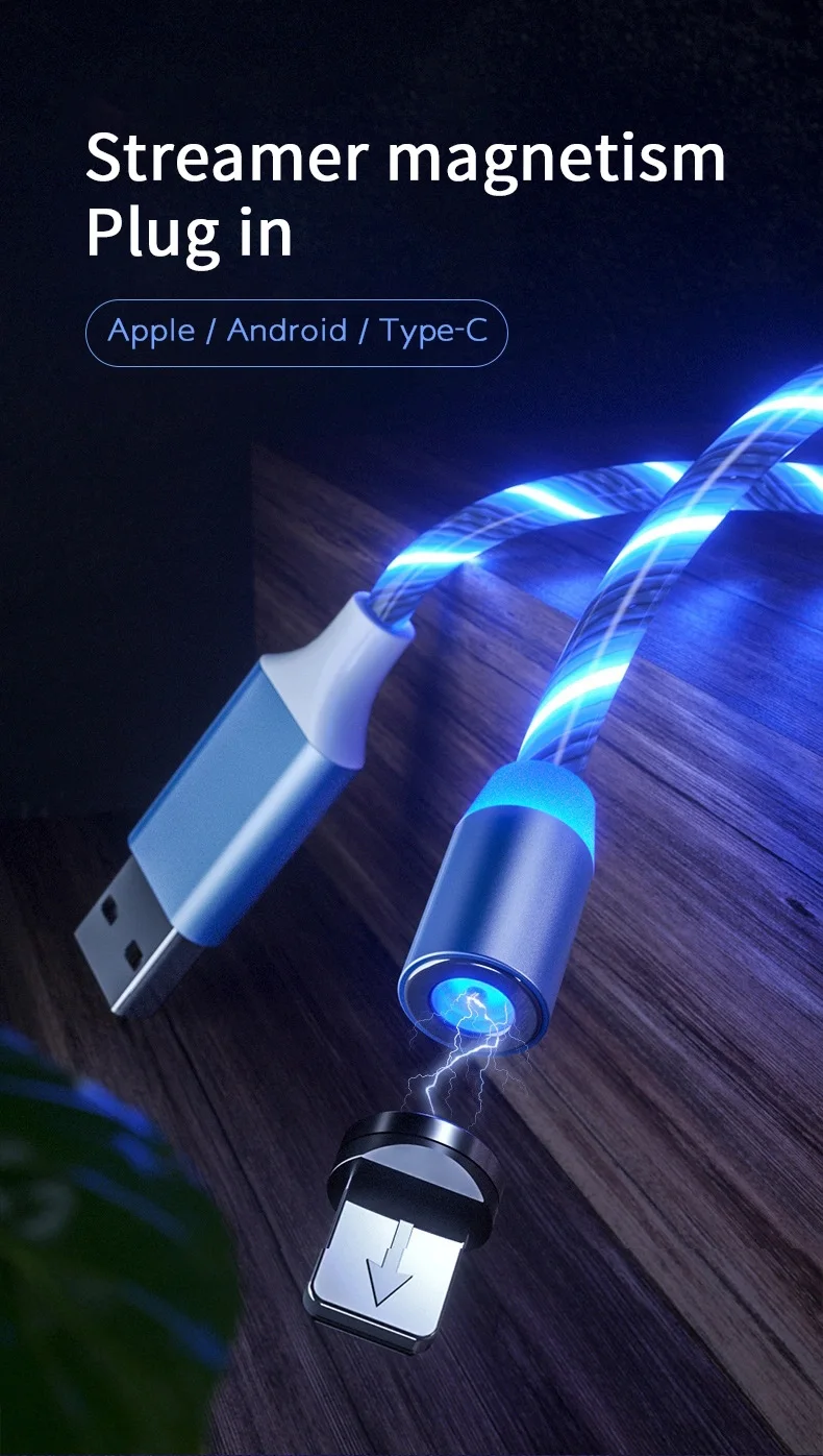 High Quality Usb Magnet Phone Charger 3 in 1 Micro Type C 8P Glow Led Glowing Flowing Fast Magnetic Charging Cable - ANKUX.COM