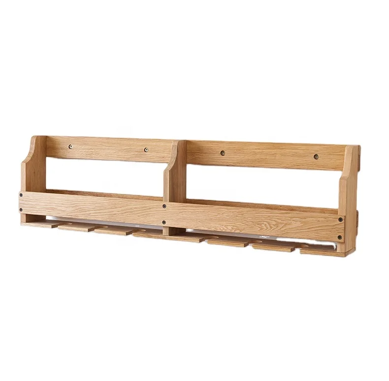 
Natural Color 8 Bottles Wall-Mounted long Wine Rack Bottle and Glass Storage Holder Wooden Wine Bottle Wall Shelves 