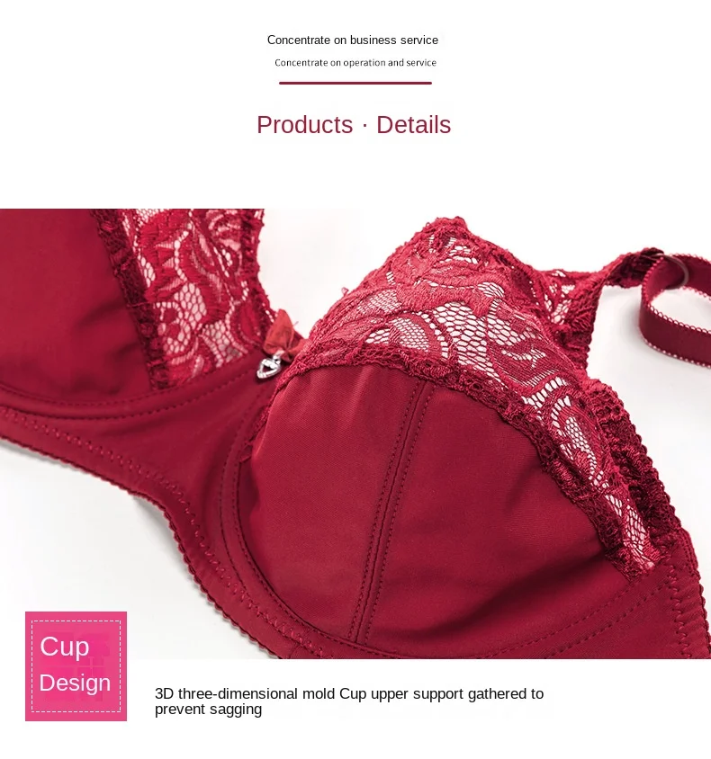 Ultra-Thin Large Size Steel Ring Bra Sexy Lace Lingerie with Adjustable Gathered Cups Breathable Feature for Foreign Trade