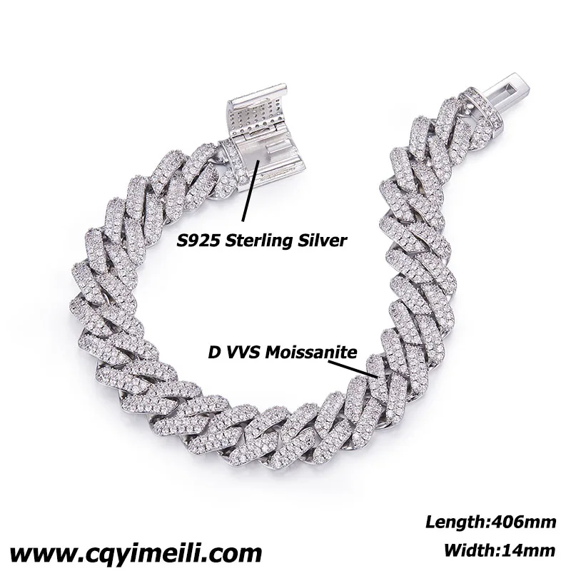 14mm Wide S925 Sterling Silver White D Vvs Moissanite Men's Cuban