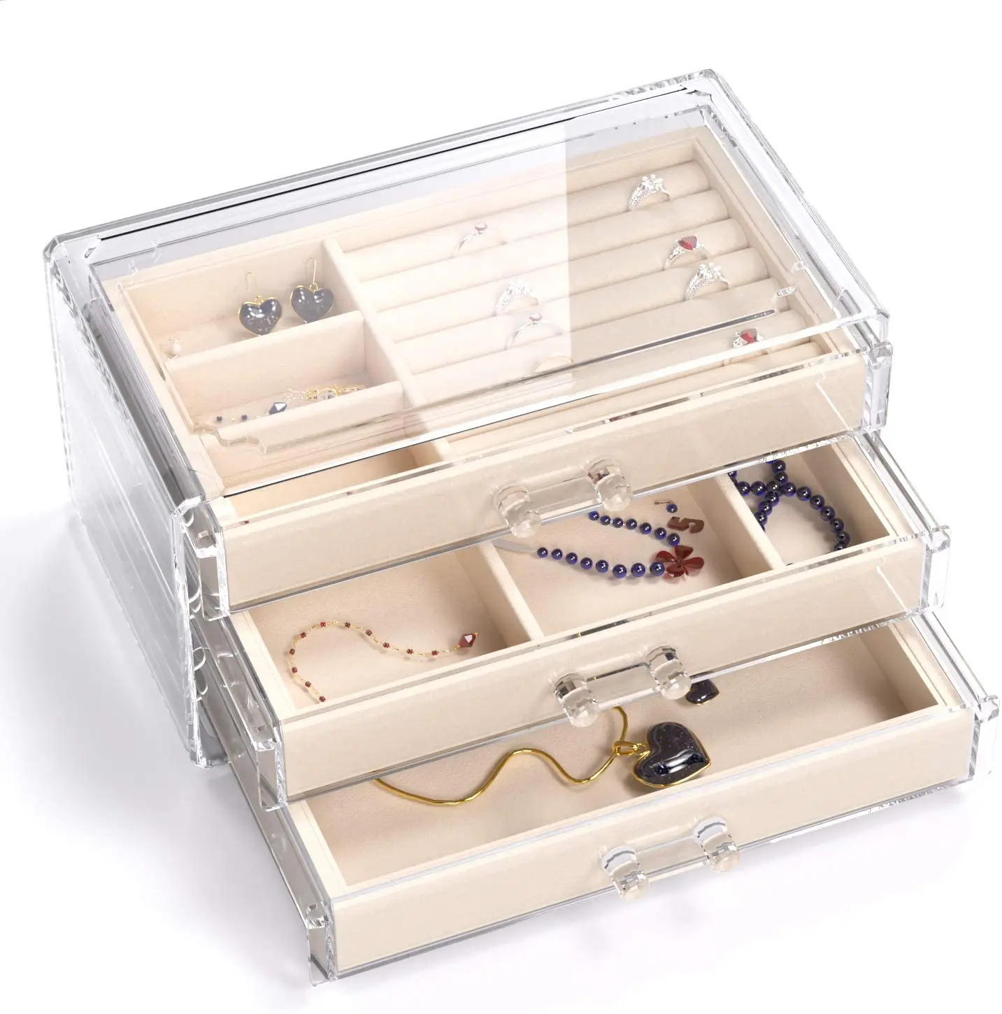 3 Drawers Acrylic Jewelry Box Jewelry Organizer,Velvet Jewelry