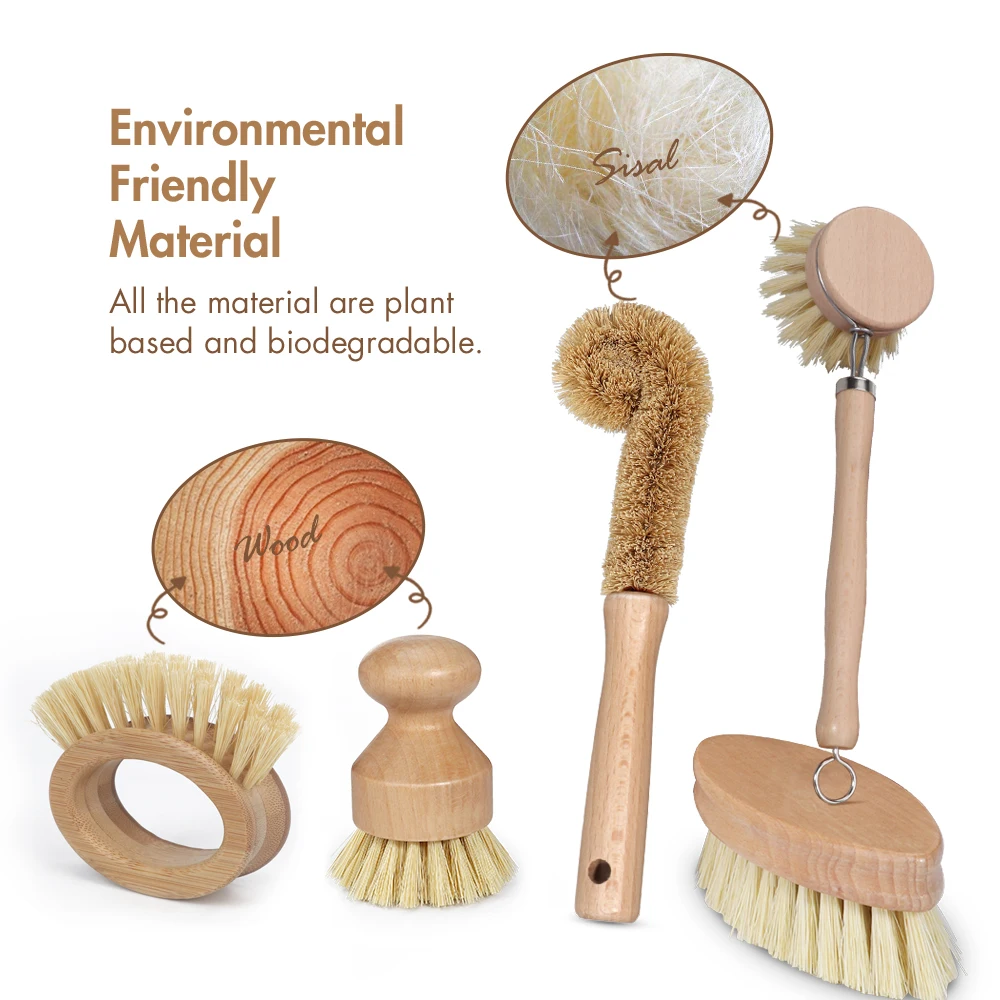 Masthome Eco-friendly 5pcs Kitchen Brush Set All Natural Fibre Wooden ...