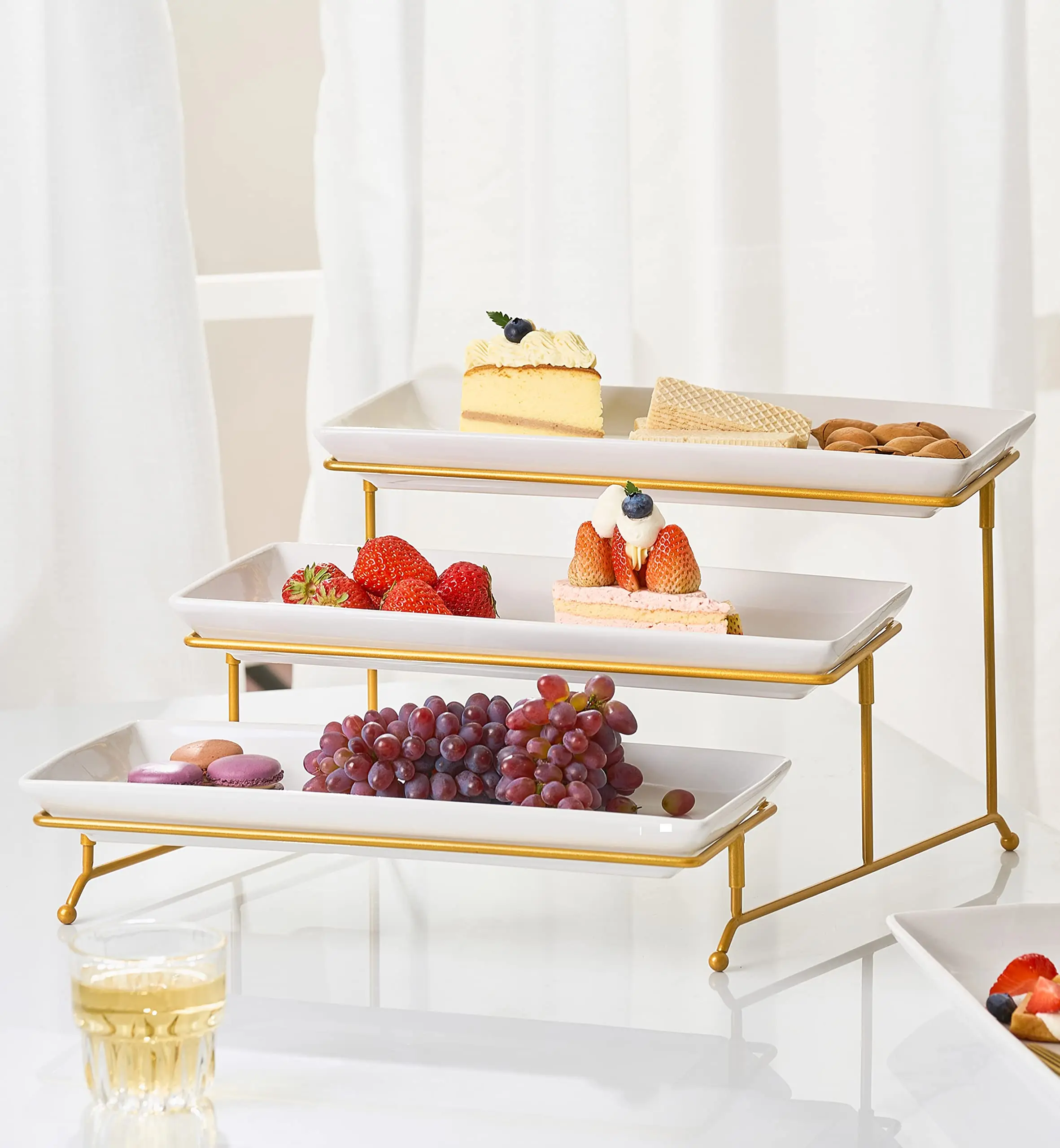 Hot Sale Ceramic 3 Tier Serving Stand with Porcelain Serving Platter Tier Trays with Collapsible Sturdier Rack Gold White Plate manufacture