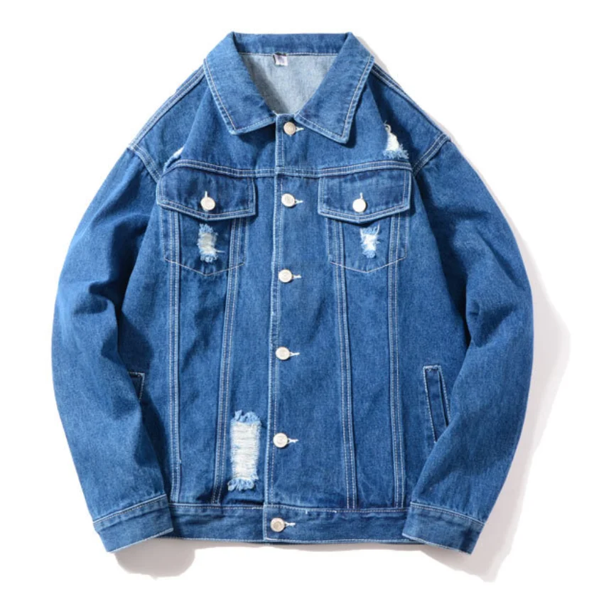 Custom High Quality Ripped Stylish Blue Plain Jeans Denim Jacket For ...