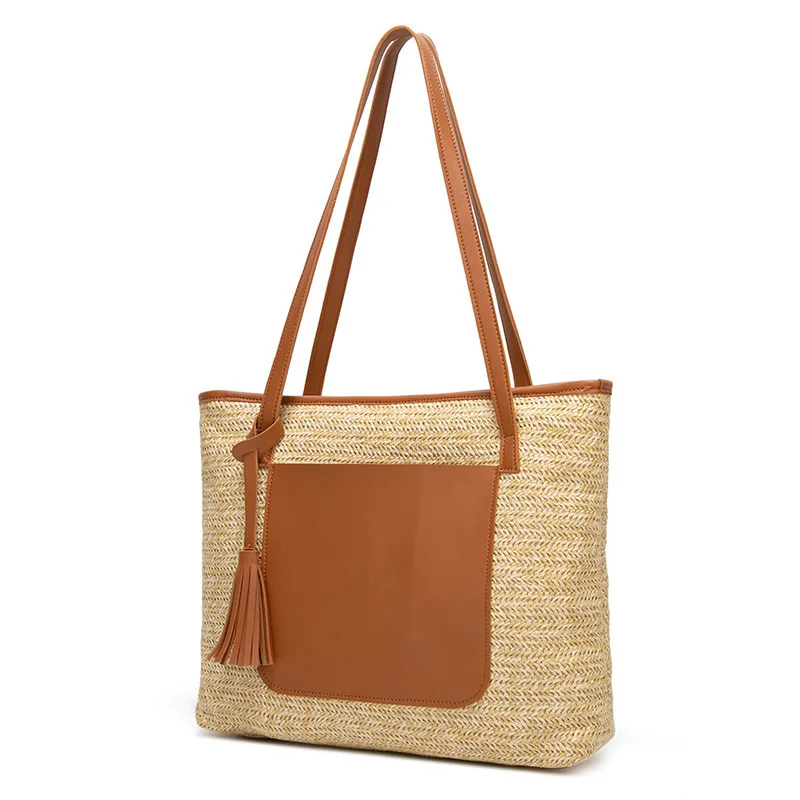2021 new straw woven bag straw large tote bag hand-held literary forest handmade one-shoulder woven bag Western Mother's Day gift