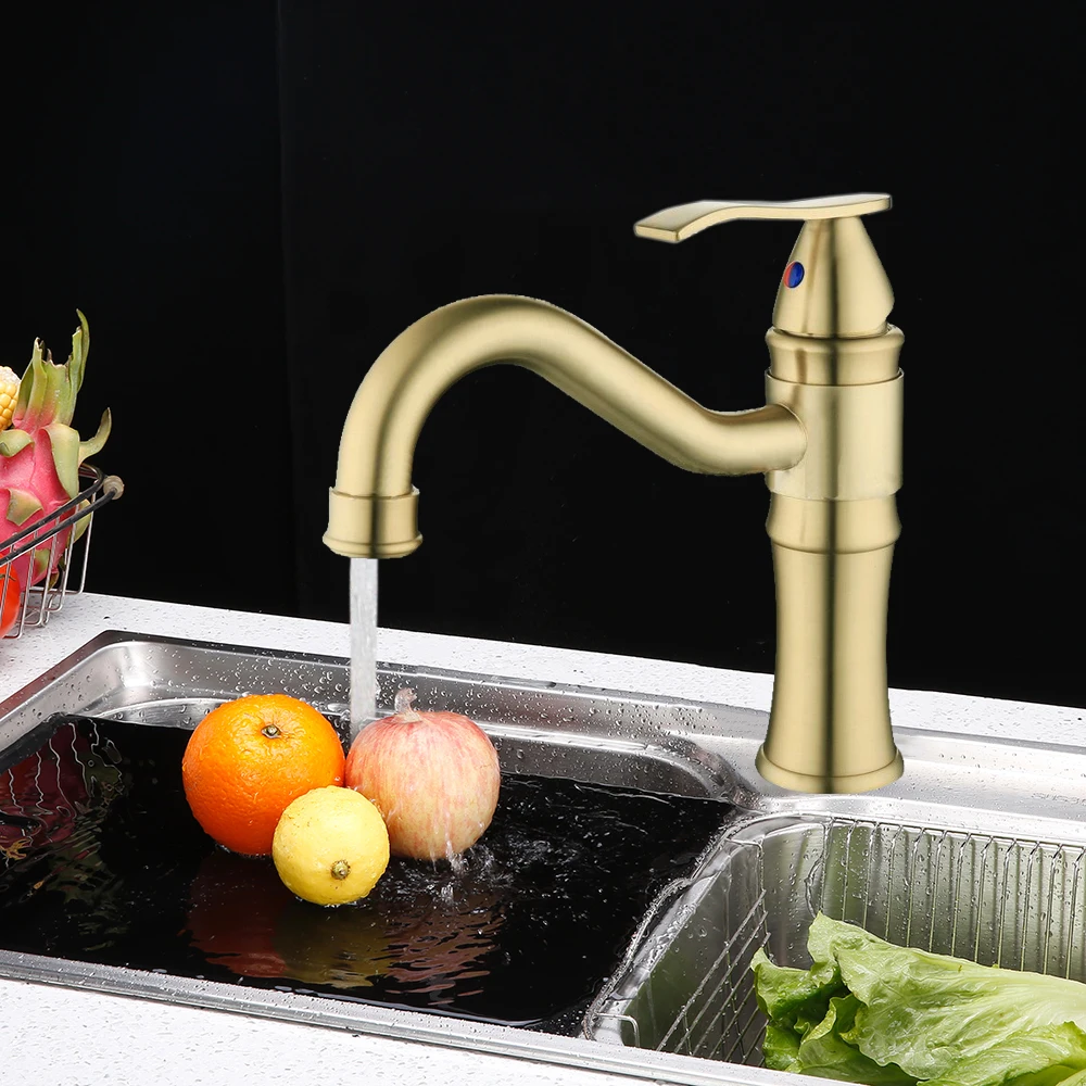 金色拉丝台座立式大弯水盆龙头