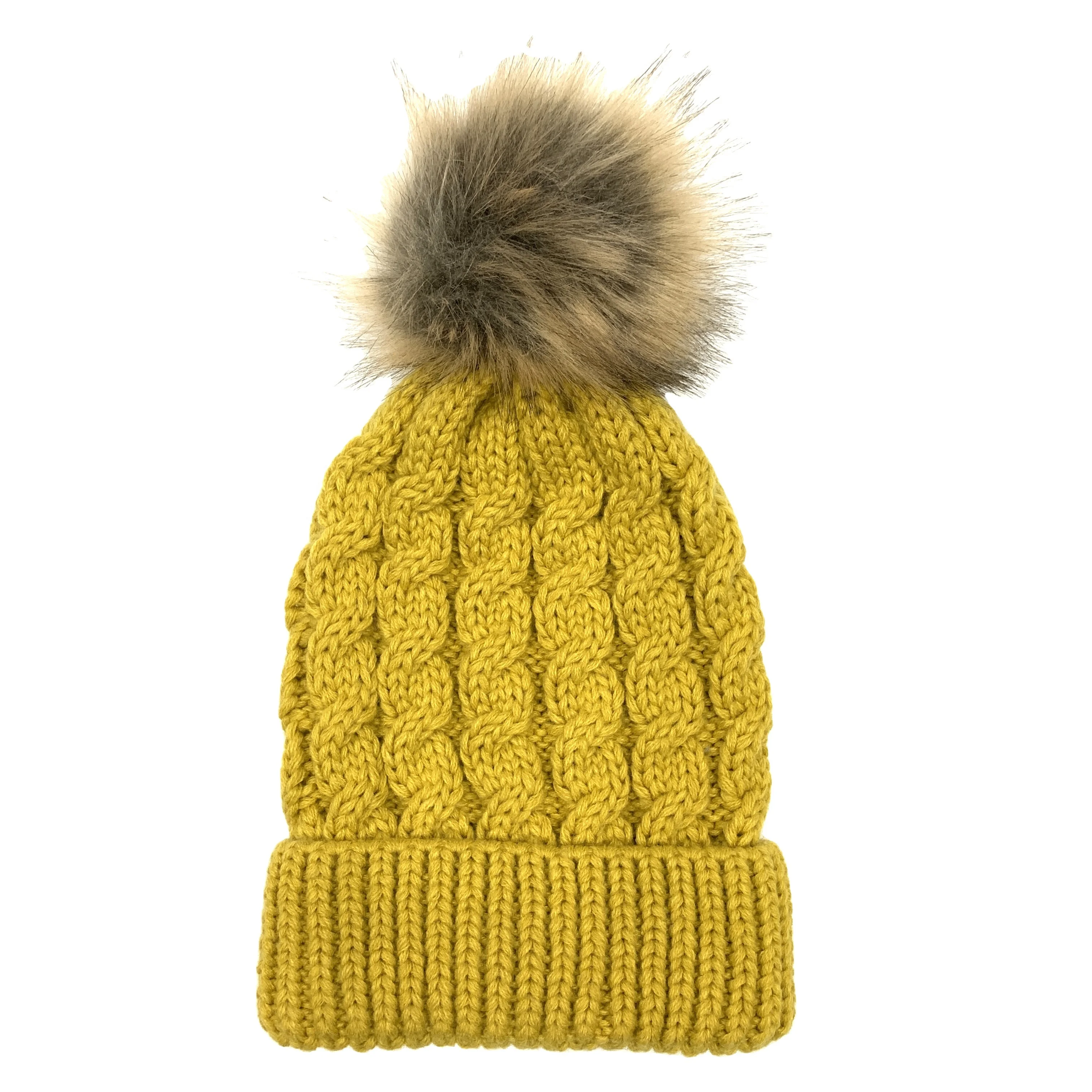 
KENSHELLEY 2020 Amazon Promotional Winter Beanie Cable Knitted Solid Ski Beanie Artificial Fox Fur Pom Pom Soft Wool Beanie Hats 