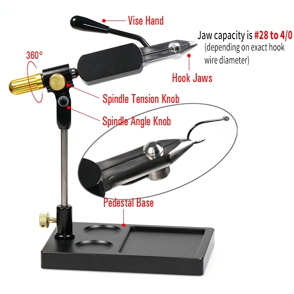 Rotary Fly Tying Vise With Hardened Jaws With Stable Pedestal Base For