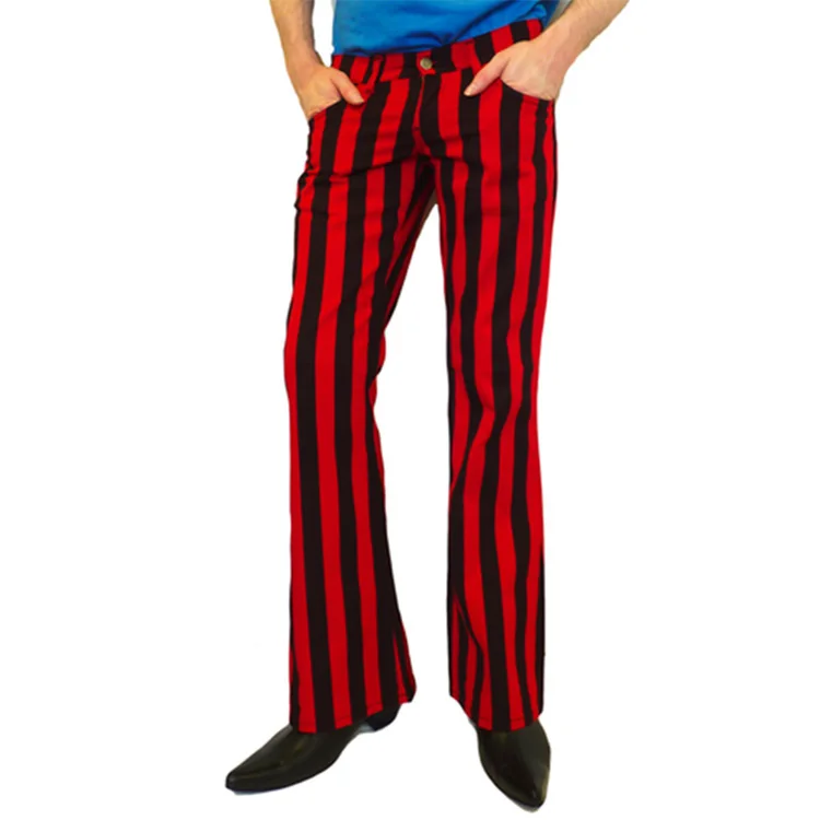 red and black striped trousers