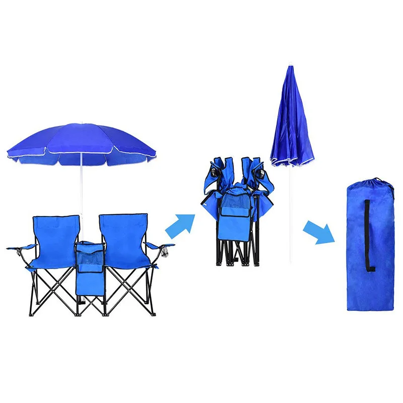 Modern 600D Oxford Cloth Beach Chair Double Folded 2-Person Fishing Camping Outdoor Folding Metal Steel Easy-Carry with Canopy supplier