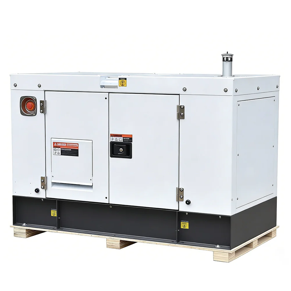 Side view of heavy-duty 12kW generator mounted on steel dolly with never-flat wheels and folding handle