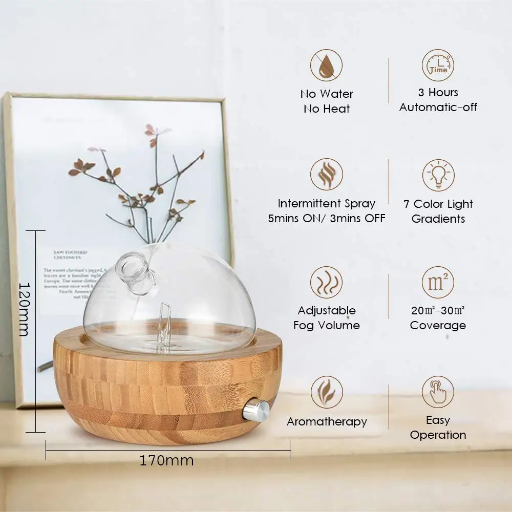 Waterless Essential Oil Aroma Diffuser,Bamboo Glass Nebulizing Diffuser