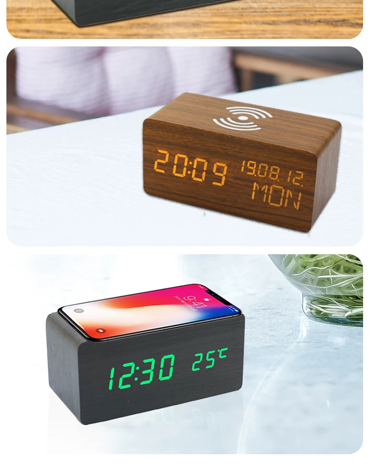 Factory wholesale Mobile phone 10W QI wireless charger digital alarm clock with calendar,temperature,date display