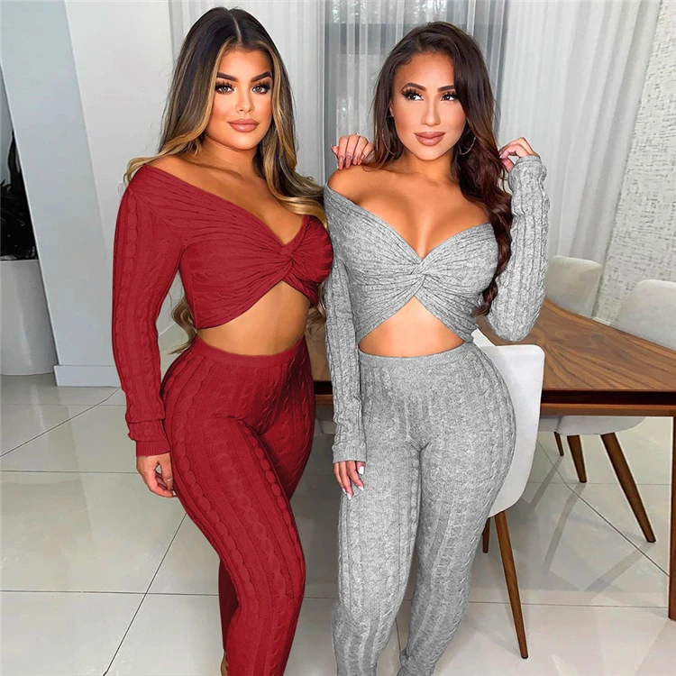 Best Seller 2021 Fashion Sexy Solid Color V Neck Top And Bottom Sweater 2 Piece Set Women Two Piece Set Women Clothing