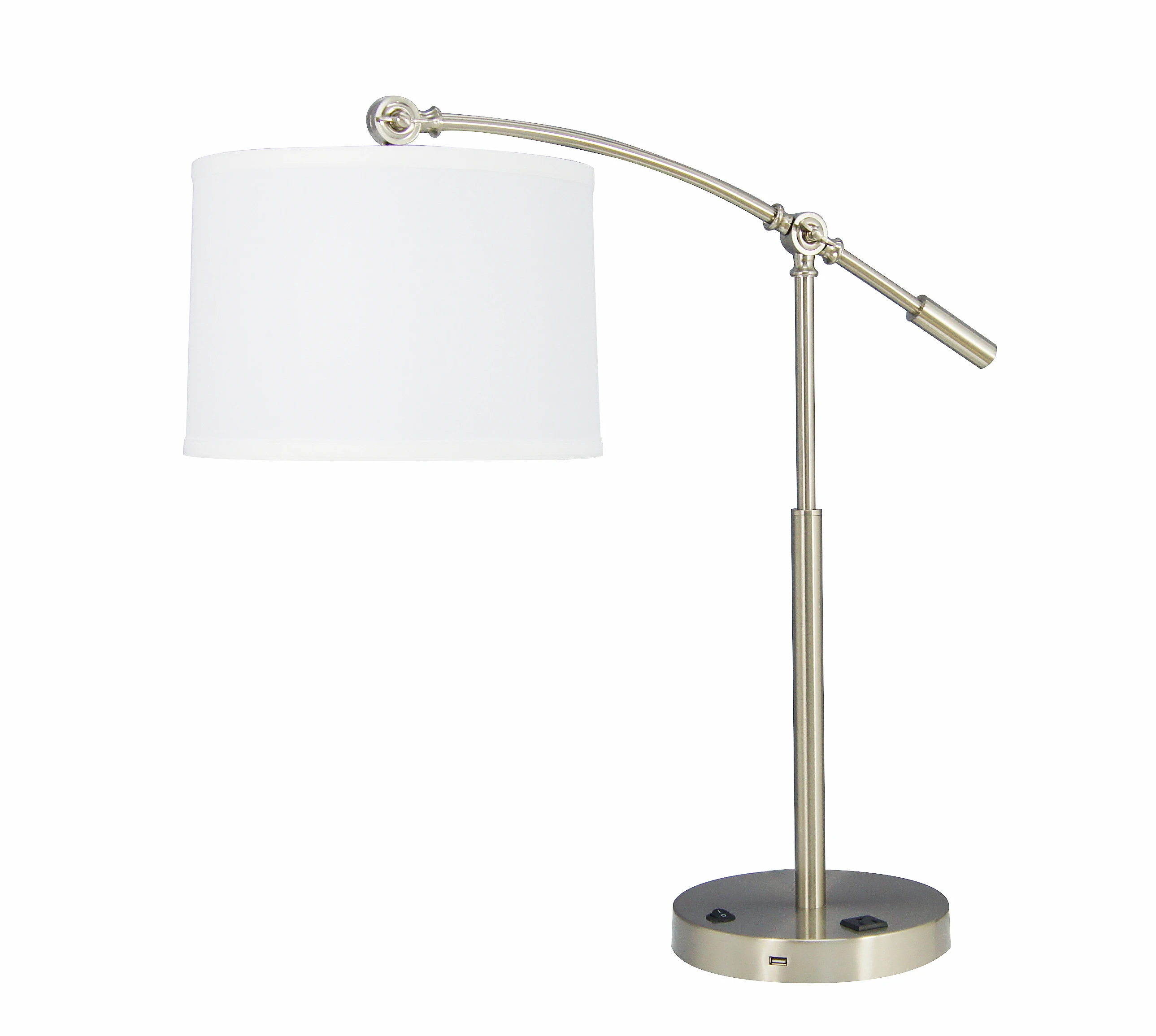Modern Iron Bedside Lamp Adjustable Arc Hotel Table Lamp with White Round Fabric Shade and USB