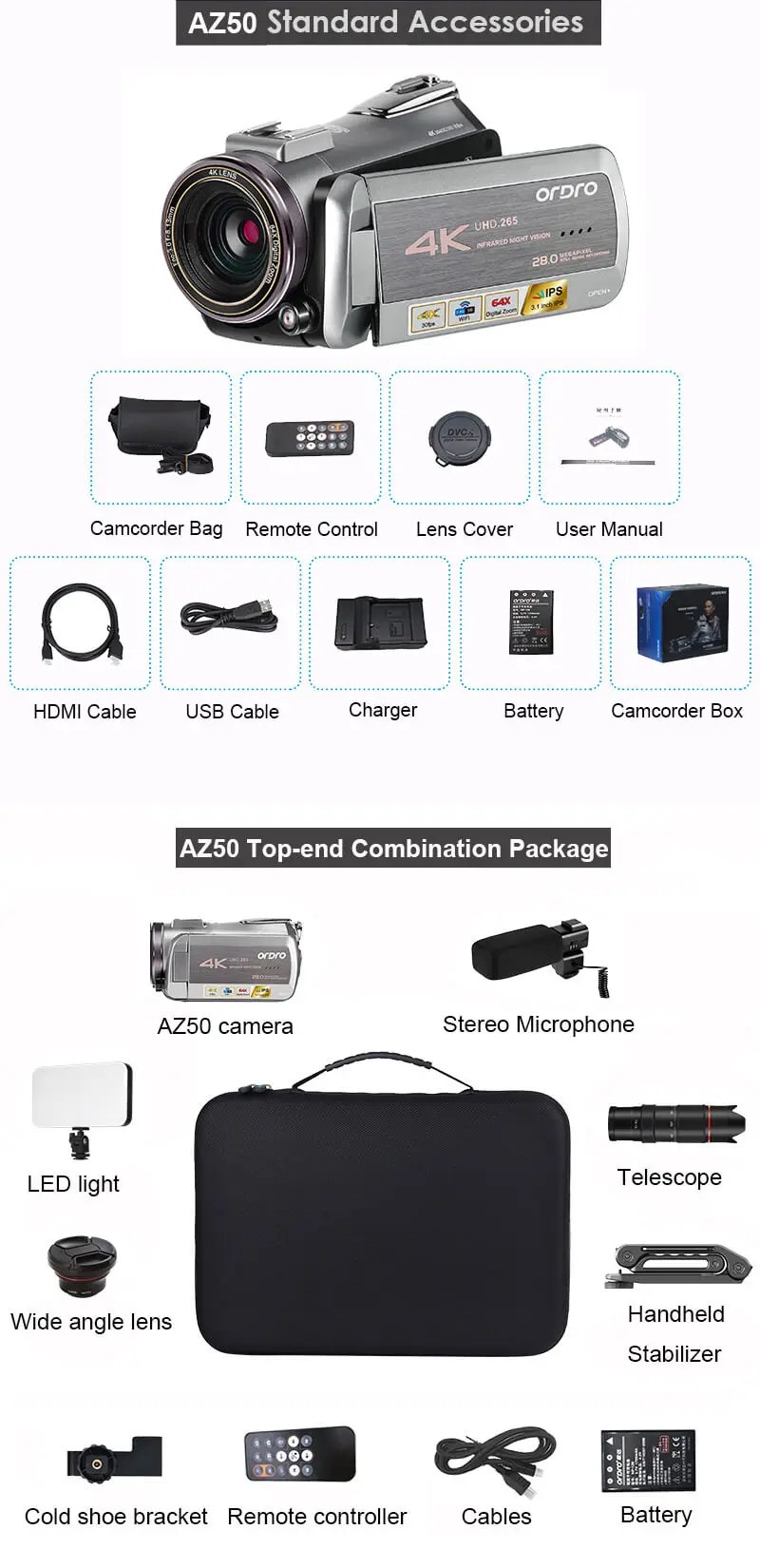 AZ50 Digital Video Camera 4K WiFi IR Night Vision 64X Zoom Camcorder Stereo Microphone Camera Photography Digital Video Recorder