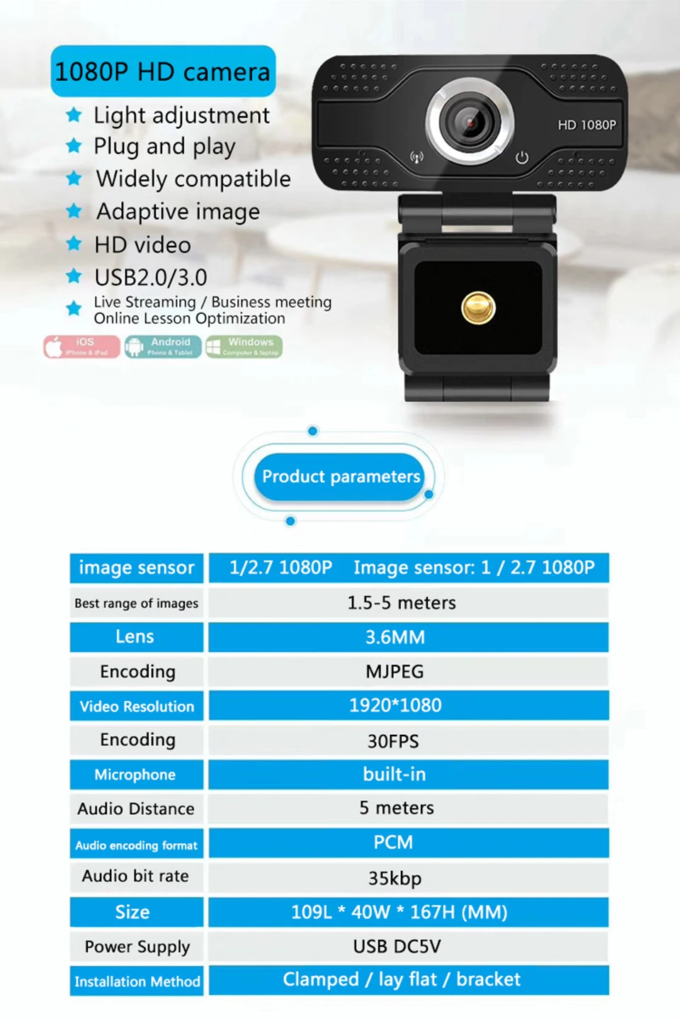 Web Cam 1080p Full HD USB Home office Camera Rotatable Video Recording with Microphone