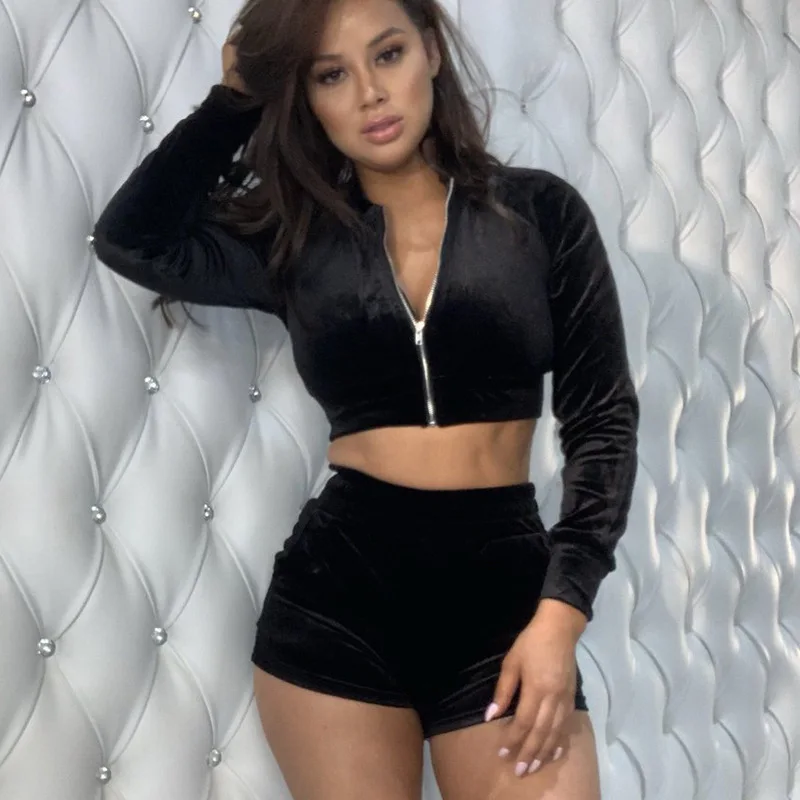 2019 Autumn 2 Pieces Velvet Women Ladies Cropped Top Shorts Casual Tracksuits Sets