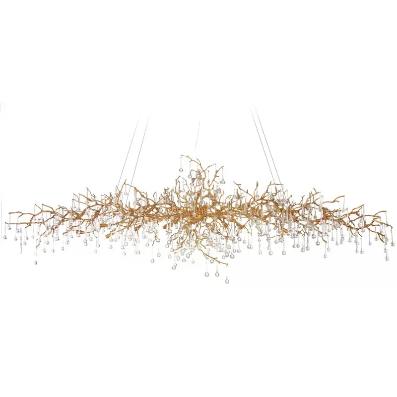 MEEROSEE Gold Rectangle Copper Chandelier Crystal Modern Pendant Lighting for Dining Room Raindrop Linear Light Fixture MD86900