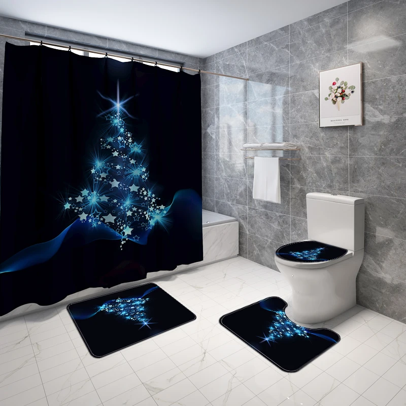 Christmas Slip Bathroom Rug 4 Piece Set Custom print Shower curtain