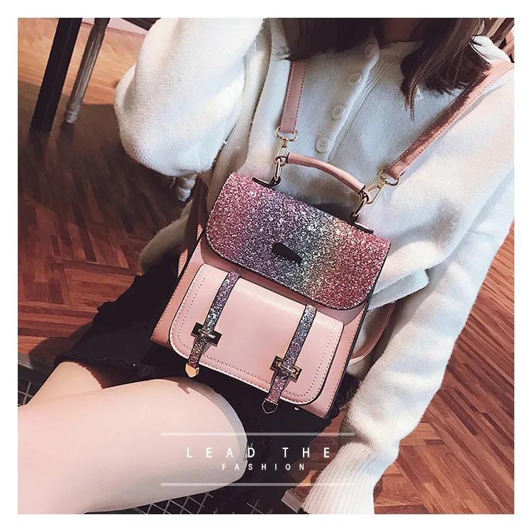 Travelling Beautiful Girls Bling Sequin Leather Backpack Ladies Bags Women Shoulder