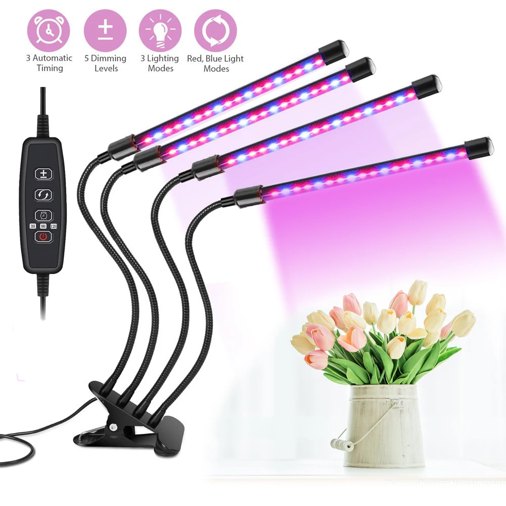 64W 4 Heads Plant Growing Lamp Bulbs Auto ON&Off Improved Clip Thicken Gooseneck Grow Light for Indoor Plants Veg and Flower