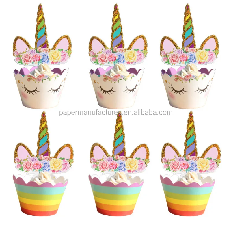 48pcs unicorn cupcake wrappers toppers dino cupcake topper cake party