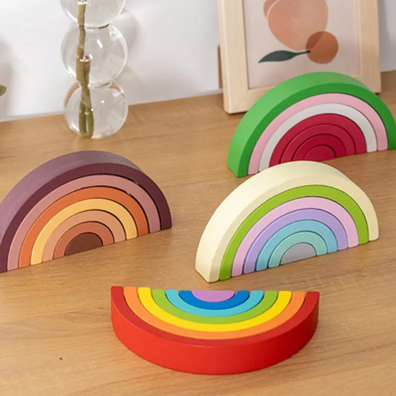 Wooden Rainbow Stacker Nesting Puzzle Blocks Tunnel Stacking Games Building Creative Color Shape