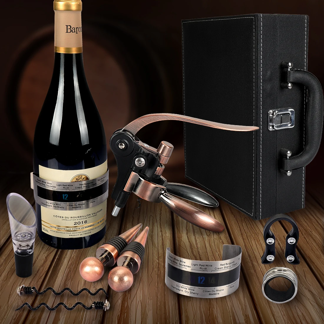 Yobansa Scatola di Legno Accessori per Vino Set Regalo Leather Box 03 cavatappi per Vino Anello per Vino Tappo per Vino versatore Vino 