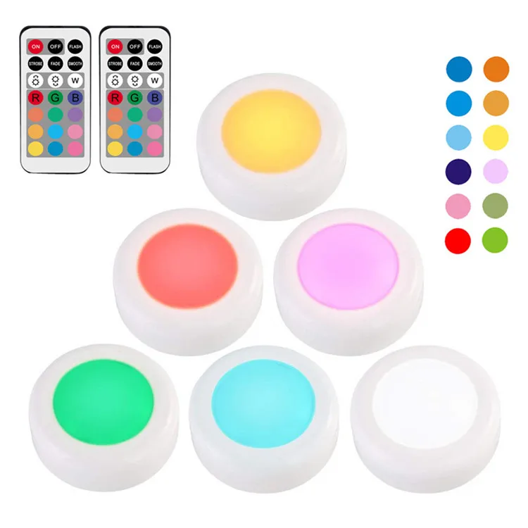 wholesale 6PK LED Puck Lights RGB Remote control color Small Night light battery cabinet light