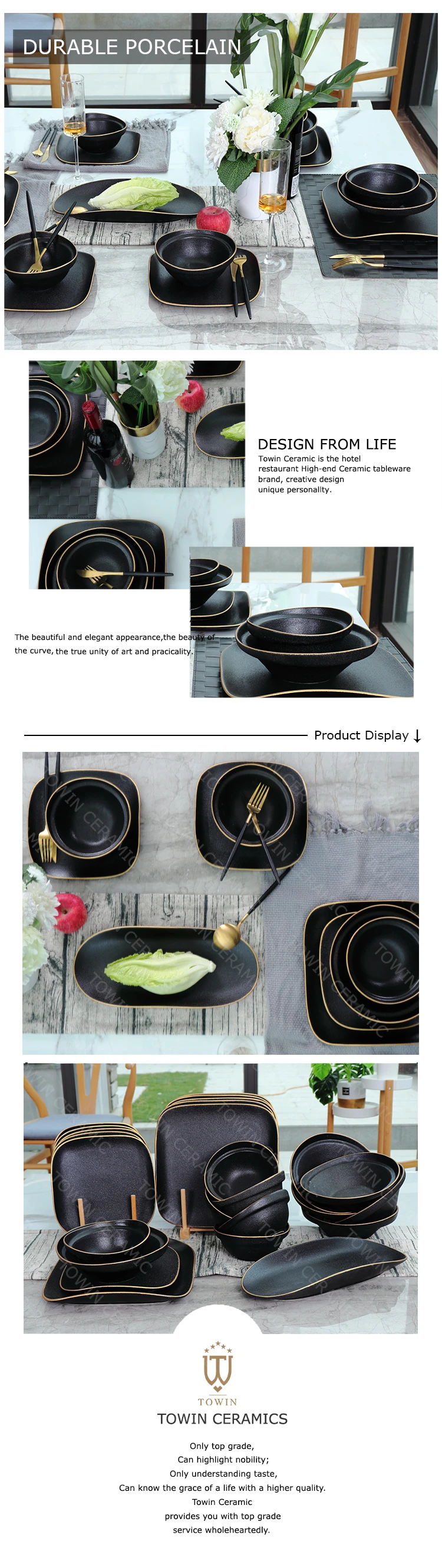 Best selling bulk hotel dinnerware gold rim black frosted restaurant dinner set ceramic .jpg