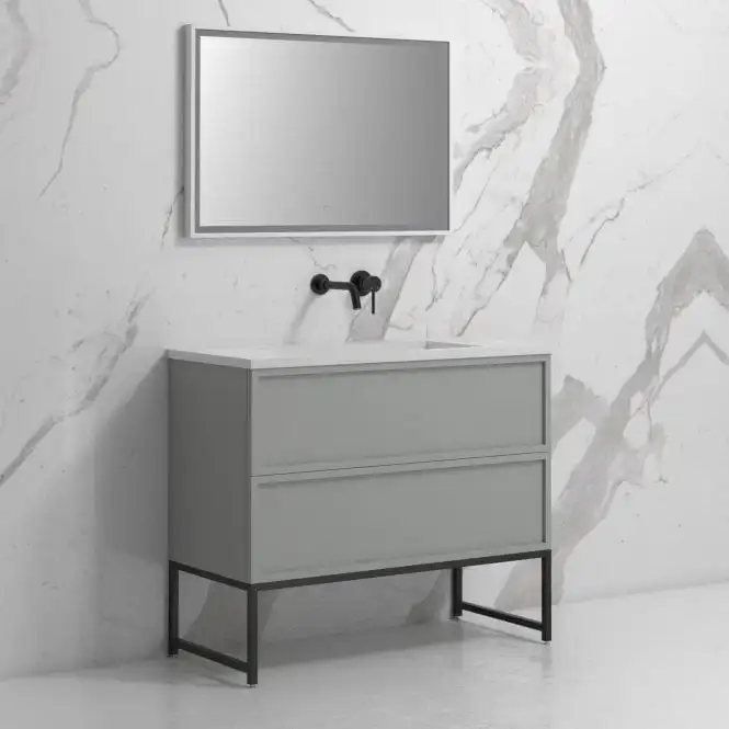 Vermonhouzz MDF Lacquer Light Gray Shaker Door Bathroom Vanity With Stainless Steel Frame Freestanding