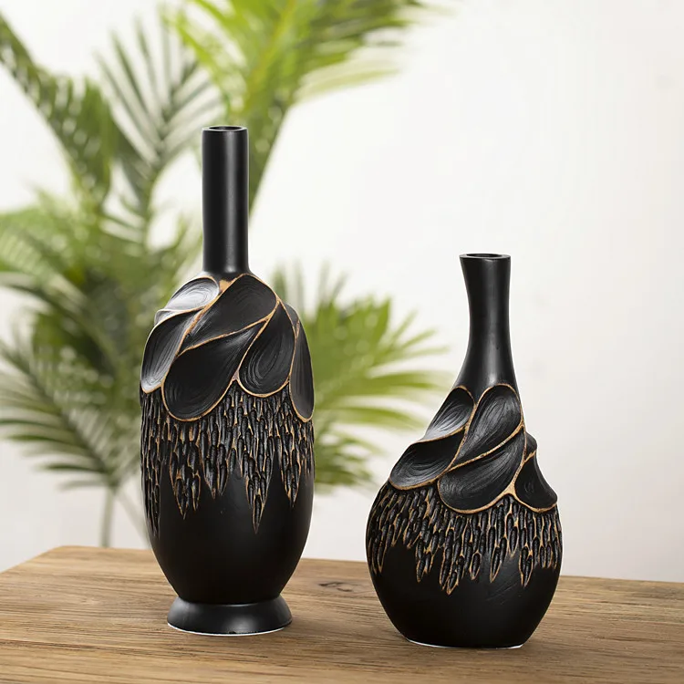 Retro classic showroom furnishings gold rim design black resin creative vase for rose flowerIMG_6781_.jpg