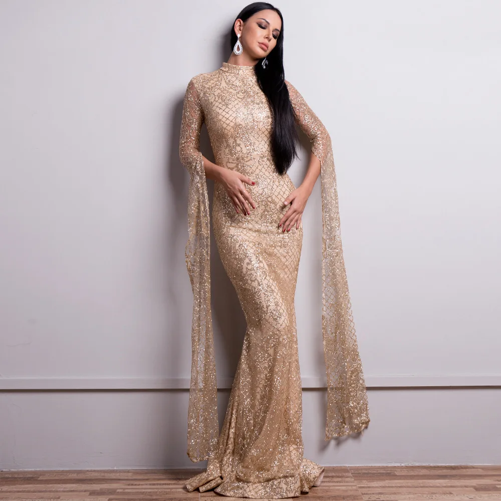 party Women Formal gold Embroidered Lace Arabic Evening Dresses elegant sequins long party tassels fringe mermaid women dress