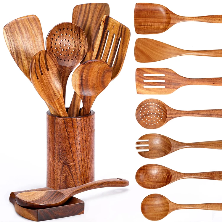 Ustensiles De Cuisine Teak Wood Cooking Kitchen Utensils Set Tool 9pc Spoons Spatula Utensils
